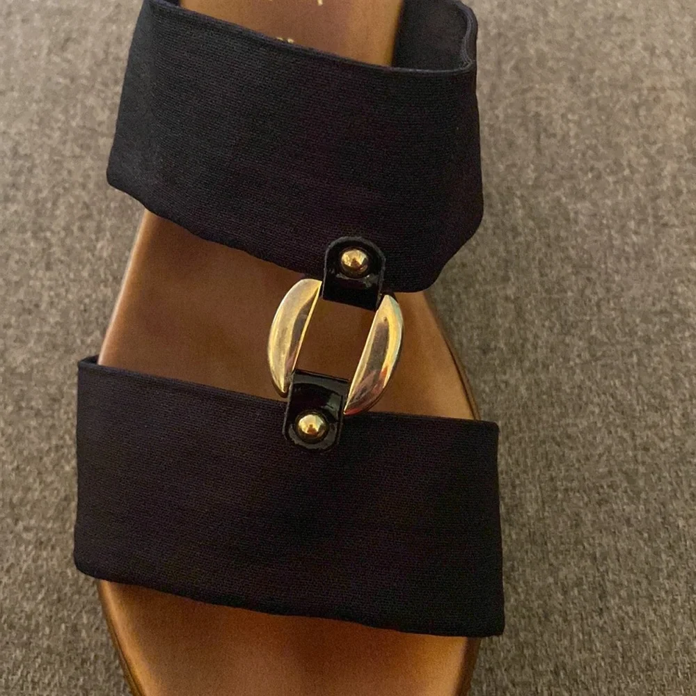 Italian Shoemakers Black Nylon Brass And Leather Wedge Sandal Womens Size 9 - Picture 11 of 15